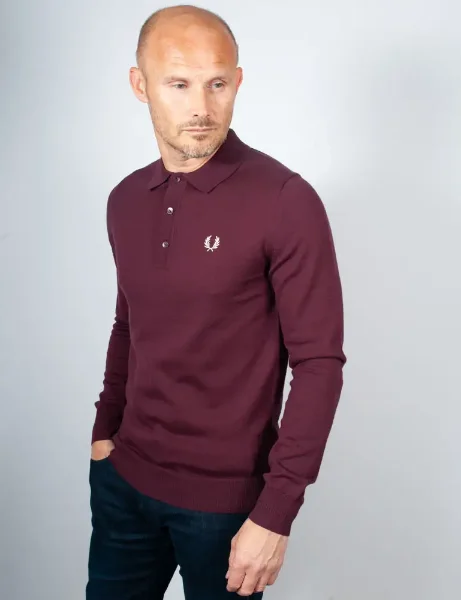 Fred Perry Long Sleeve Knitted Polo Shirt | Oxblood Fred Perry Long Sleeve Knitted Polo Shirt | Oxblood
