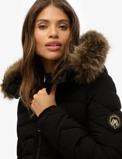Superdry Womens Fuji Faux Fur Hood Mid Length Jacket | Black