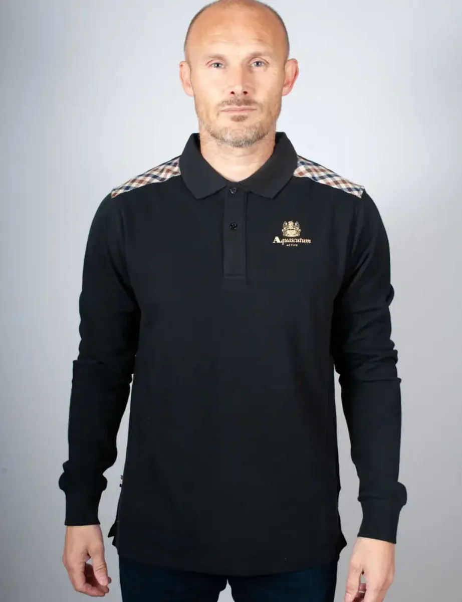 Aquascutum Active Check Shoulder Stripes L/S Polo / Black