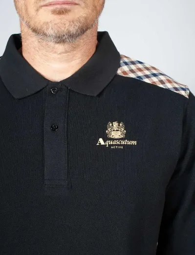 Aquascutum Active Check Shoulder Stripes L/S Polo / Black