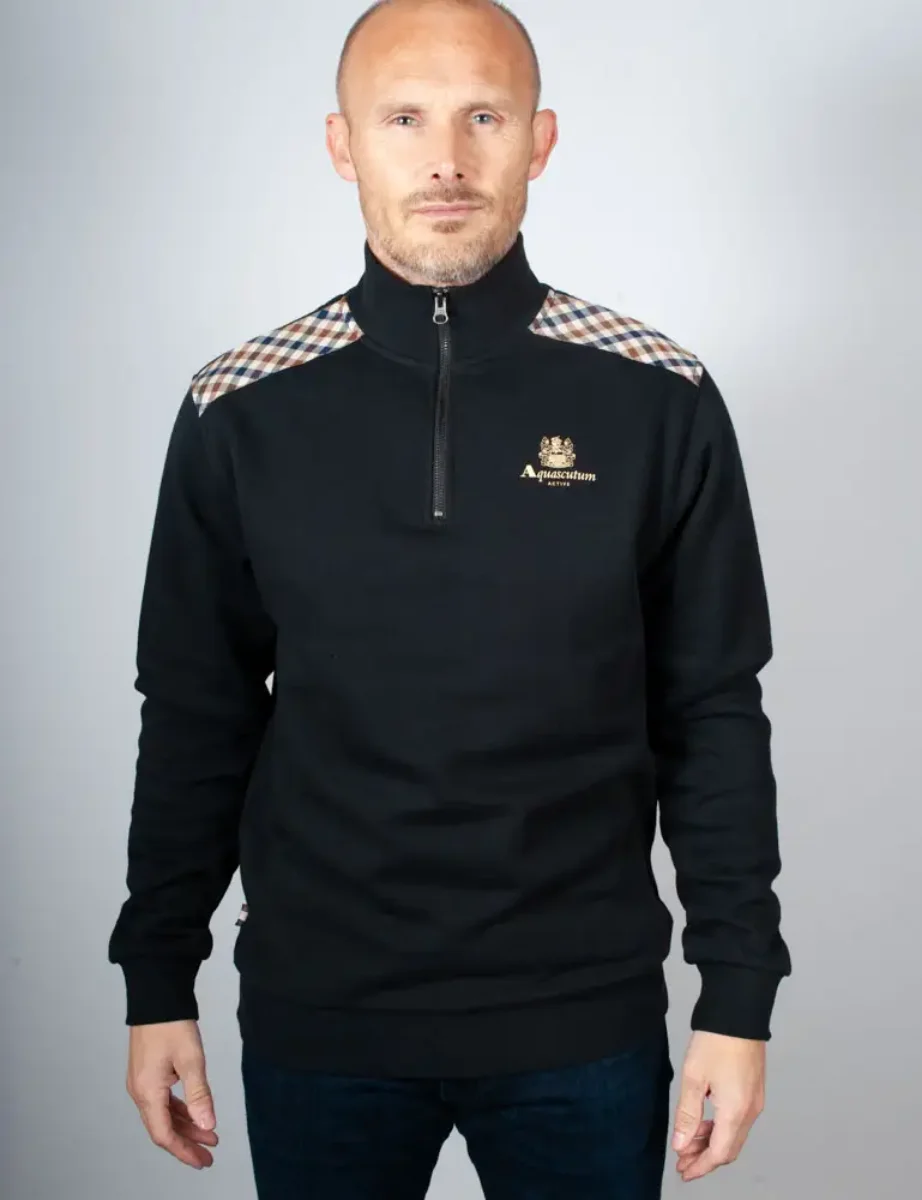 Aquascutum Active Club Check Shoulder 1/4 Zip Sweatshirt / Black