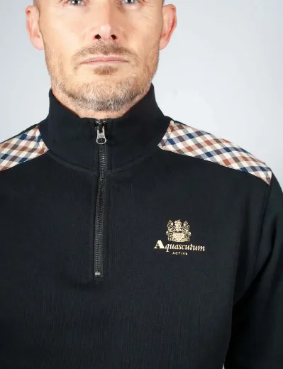 Aquascutum Active Club Check Shoulder 1/4 Zip Sweatshirt / Black