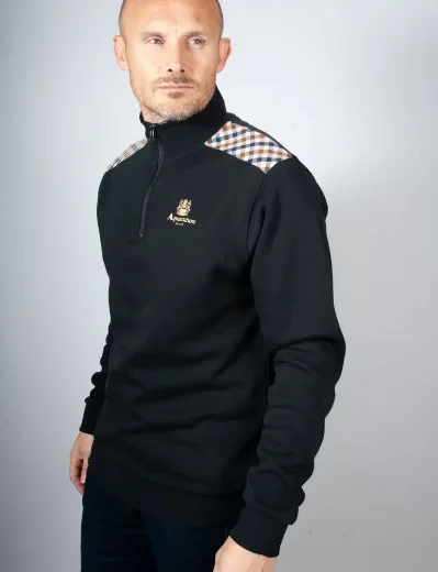 Aquascutum Active Club Check Shoulder 1/4 Zip Sweatshirt / Black