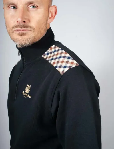 Aquascutum Active Club Check Shoulder 1/4 Zip Sweatshirt / Black