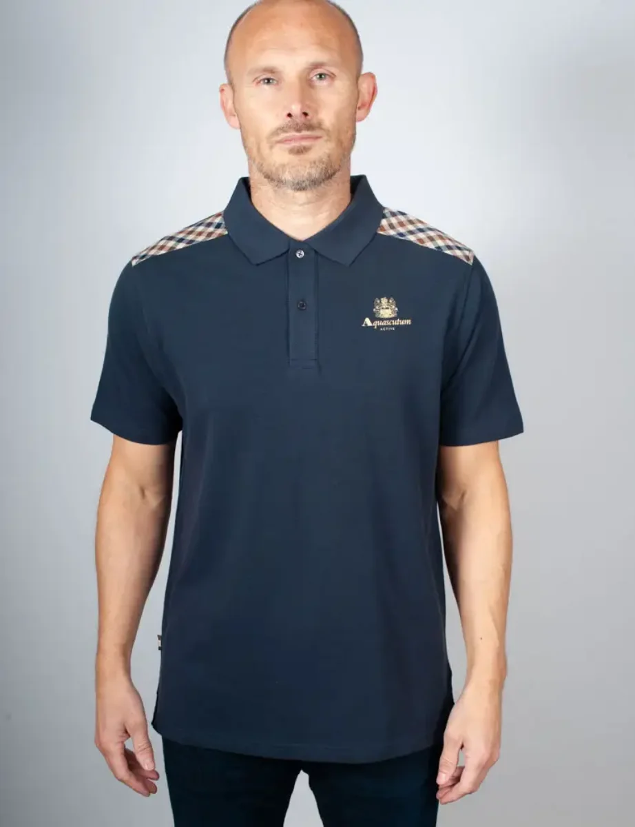 Aquascutum Active Club Check Shoulder Stripes Polo | Navy