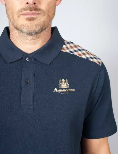 Aquascutum Active Club Check Shoulder Stripes Polo | Navy