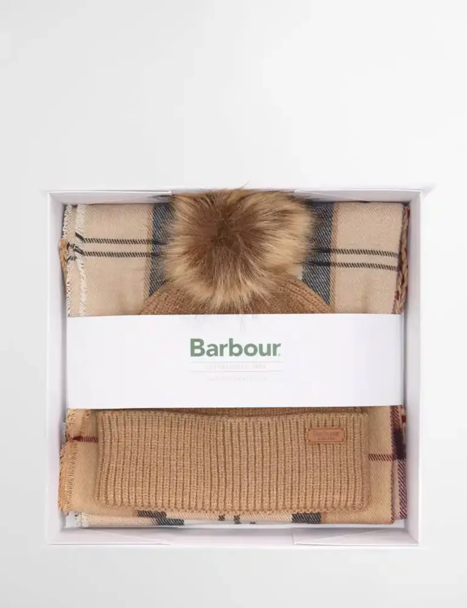 Picture of Barbour Dover Beanie Hat and Hailes Scarf Gift Set | Beige