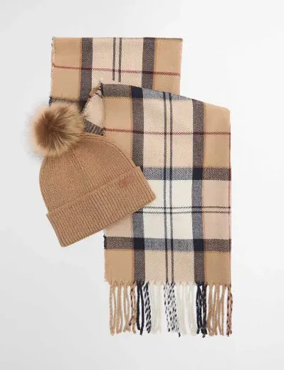 Picture of Barbour Dover Beanie Hat and Hailes Scarf Gift Set | Beige