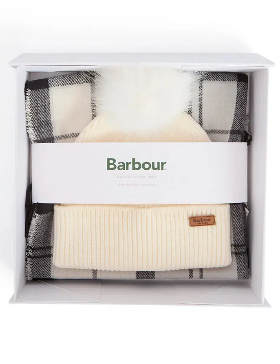 Picture of Barbour Dover Beanie Hat and Hailes Scarf Gift Set | Monochrome