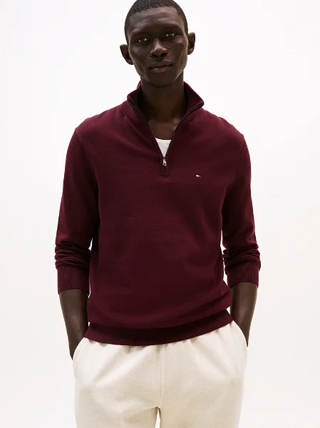 Tommy Hilfiger Essential Cotton Zip Mock | Burgundy Tommy Hilfiger Essential Cotton Zip Mock | Burgundy