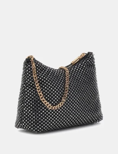 Guess Women's Zalina Rhinestone Mesh Mini Ziptop Bag / Pewter