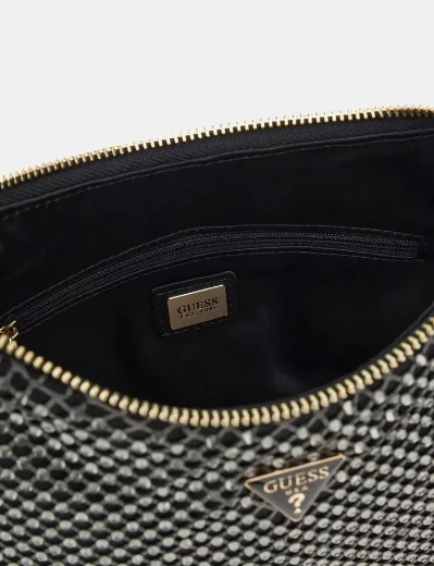 Guess Women's Zalina Rhinestone Mesh Mini Ziptop Bag / Pewter