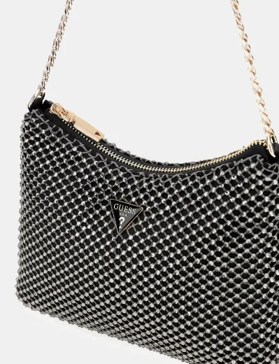Guess Women's Zalina Rhinestone Mesh Mini Ziptop Bag / Pewter