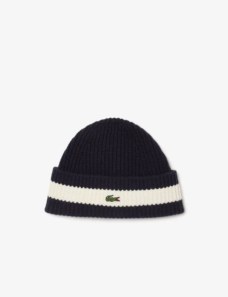 Lacoste Rib Knit Carded Wool Beanie | Navy Blue/White