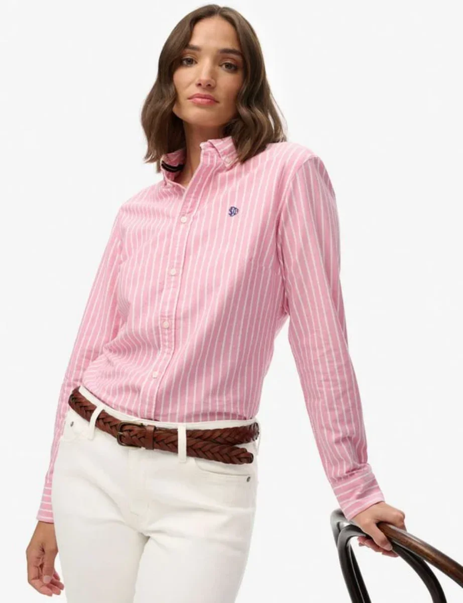Superdry Slim Oxford Button Down Long Sleeve Shirt | Broker Pink Stripe