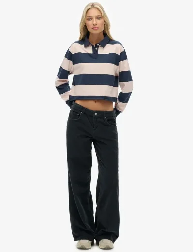 Superdry Essential Cropped Stripe Rugby Shirt | Lauren Navy/Pink Stripe