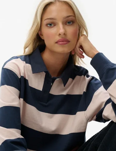 Superdry Essential Cropped Stripe Rugby Shirt | Lauren Navy/Pink Stripe