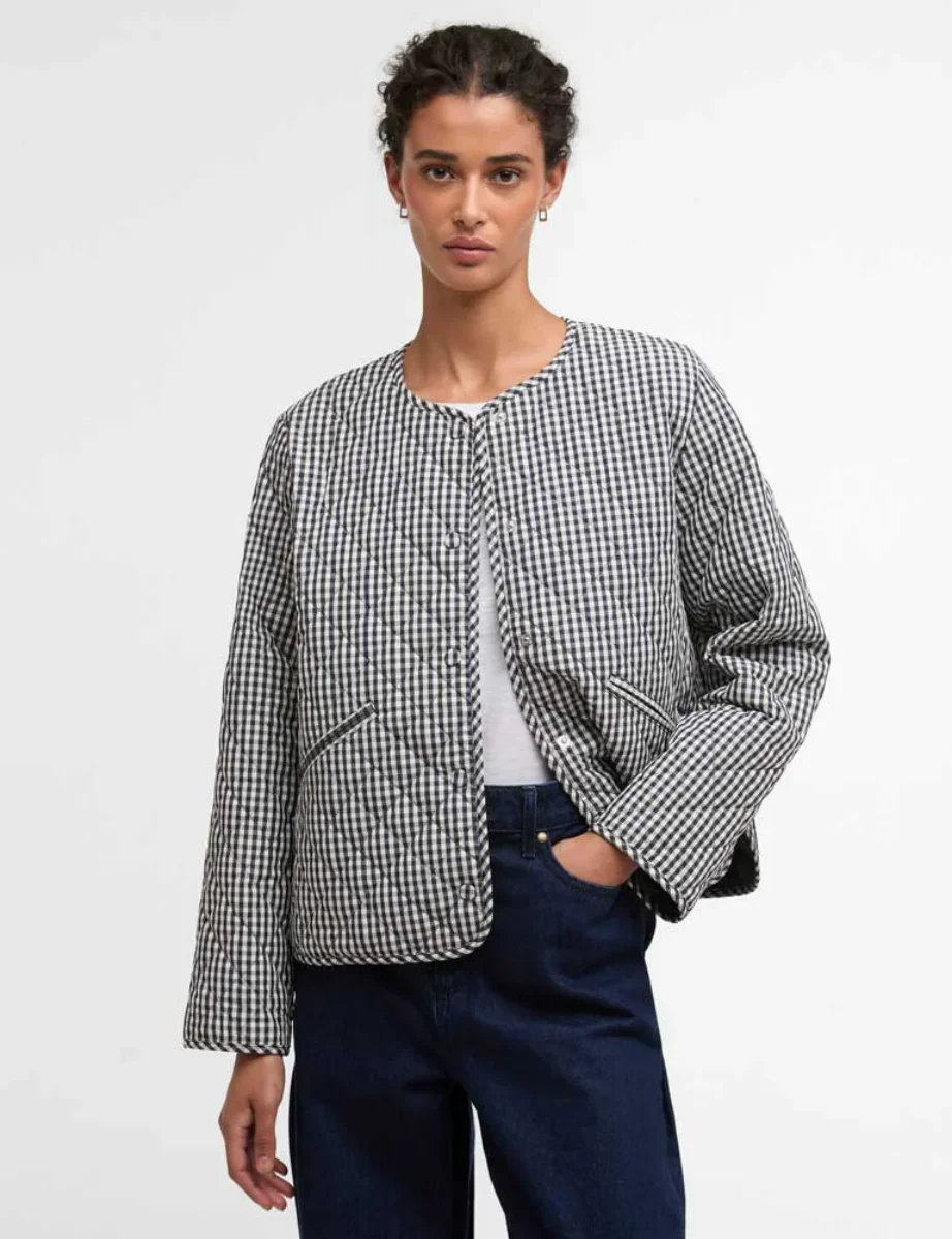 Barbour Womens Cashel Gingham Collarless Quilted Jacket | Navy Gingham/Dark Navy