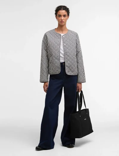 Barbour Womens Cashel Gingham Collarless Quilted Jacket | Navy Gingham/Dark Navy