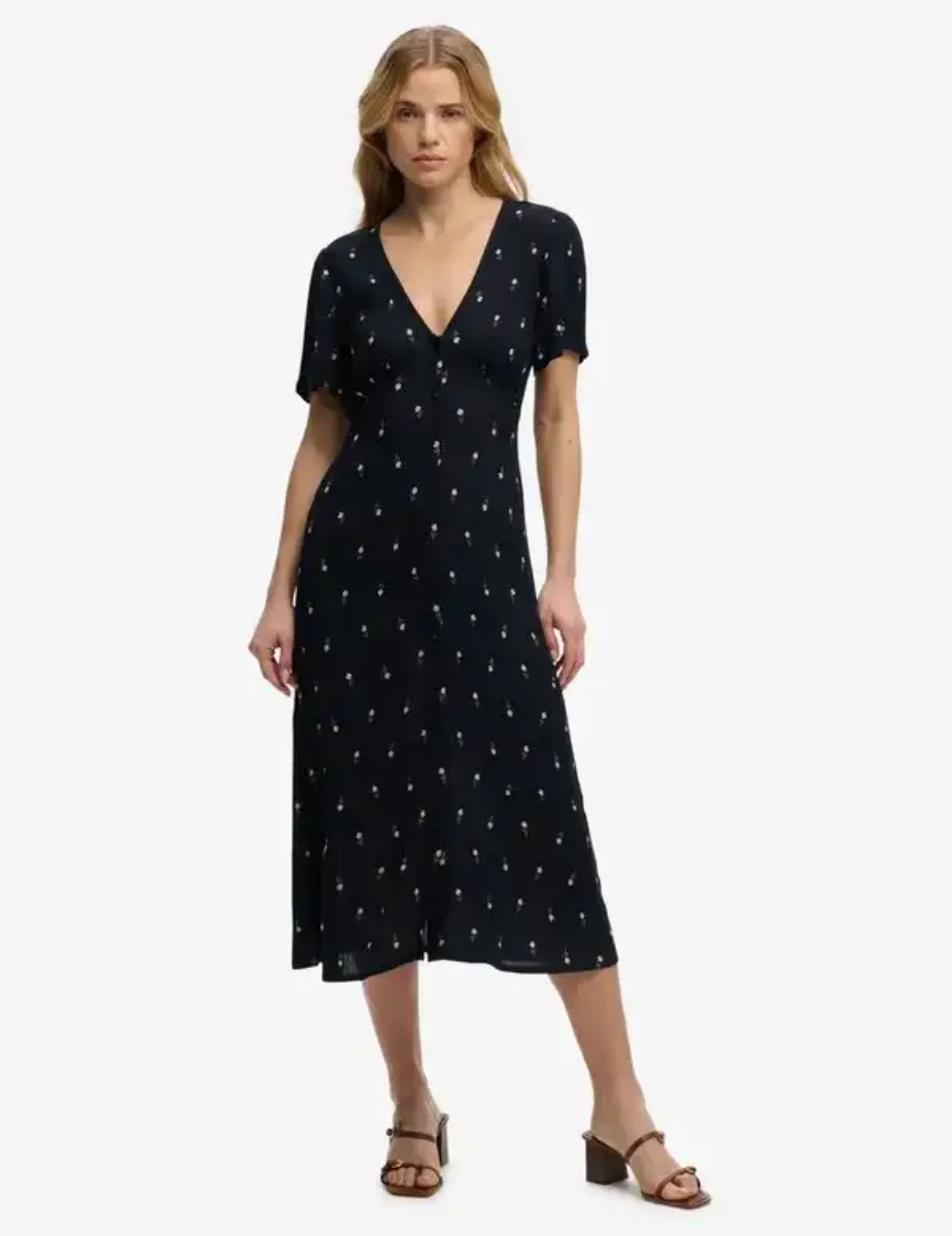Superdry Printed Button Midi Tea Dress  | Navy Ditsy stripe