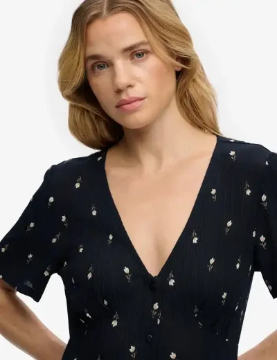 Superdry Printed Button Midi Tea Dress  | Navy Ditsy stripe