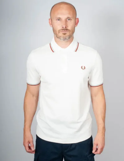 Picture of Fred Perry Mens Twin Tipped Polo | Snow White / Blue / Brandy