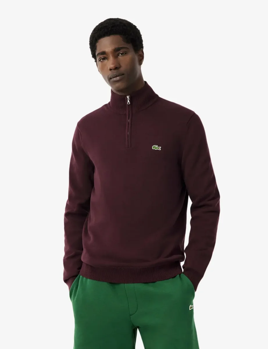 Lacoste Mens Zipped High Neck Cotton Sweater | Dark Burgundry