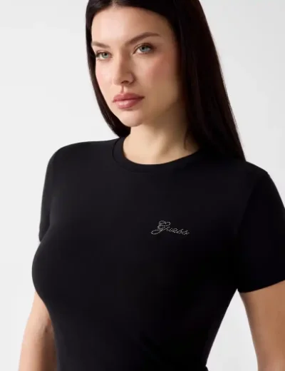 Guess Womens Rhinestones Logo T-Shirt / Black