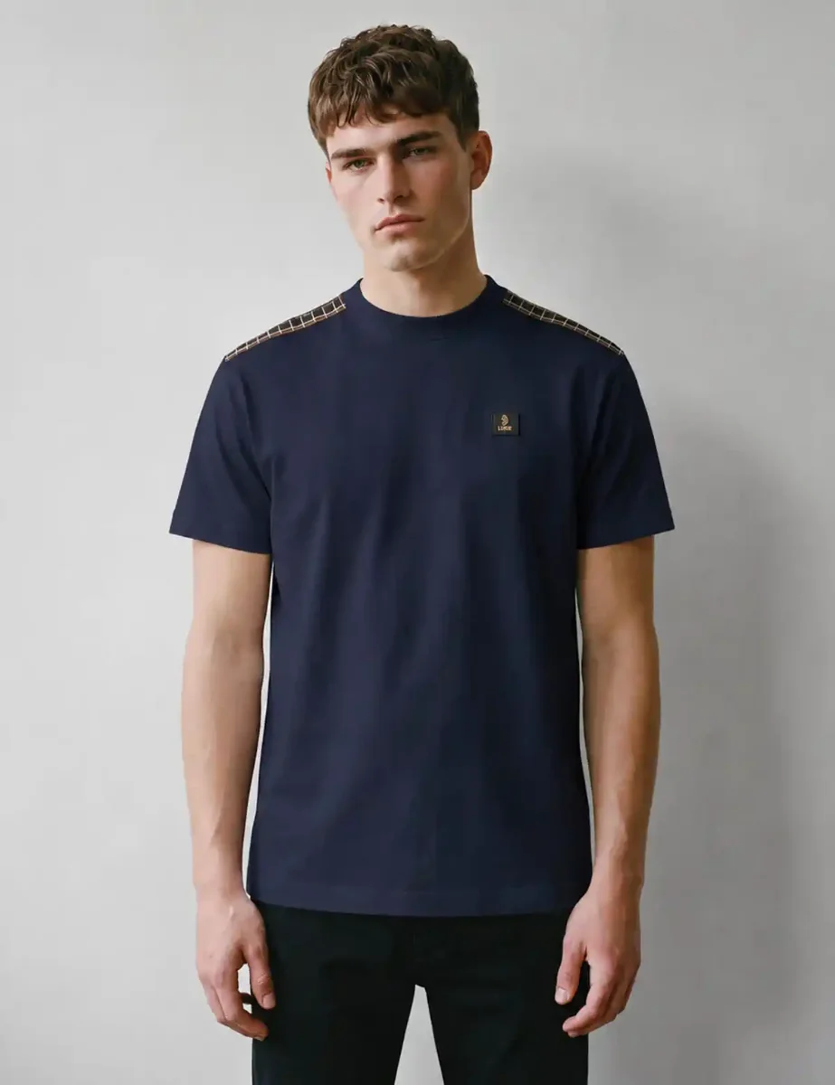 LUKE Firth Check Shoulder T-shirt | Dark Navy