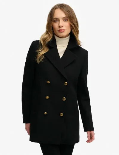Superdry Womens Double Breasted Pea Coat | Black