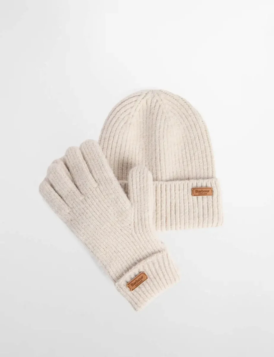 Barbour Pendle Beanie and Glove Gift Set | Eggshell