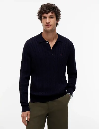 Tommy Hilfiger Cable Knit Polo Jumper | Navy Blue