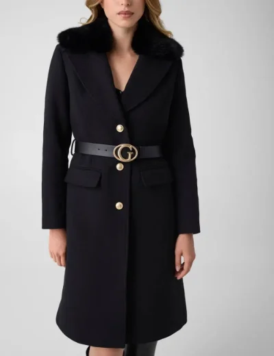 Guess Womens Wool-Blend Belted Coat | Black