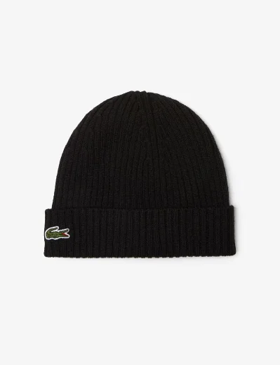 Lacoste Mens Rib Knit Wool Beanie | Black