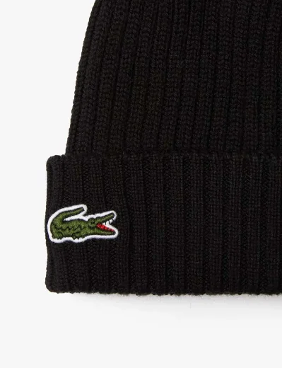 Lacoste Mens Rib Knit Wool Beanie | Black